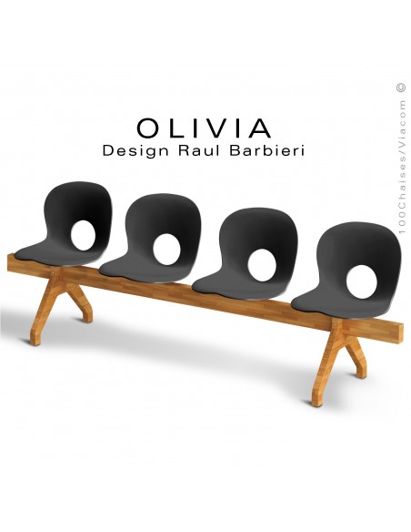 Banc design OLIVIA, piétement bois, assise 4 places coque plastique couleur noir.