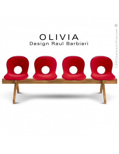 Banc design OLIVIA, piétement bois, assise 4 places coque plastique couleur rouge.