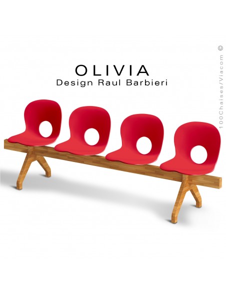 Banc design OLIVIA, piétement bois, assise 4 places coque plastique couleur rouge.
