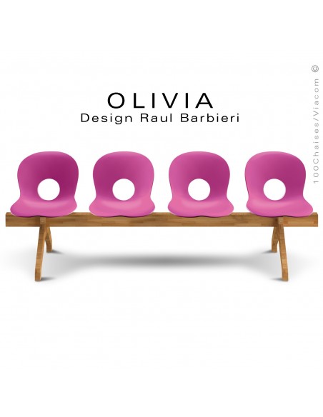 Banc design OLIVIA, piétement bois, assise 4 places coque plastique couleur rose.