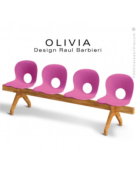 Banc design OLIVIA, piétement bois, assise 4 places coque plastique couleur rose.