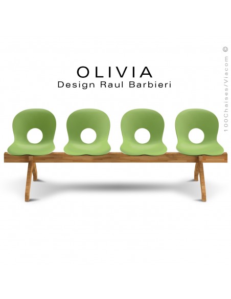 Banc design OLIVIA, piétement bois, assise 4 places coque plastique couleur vert pâle.