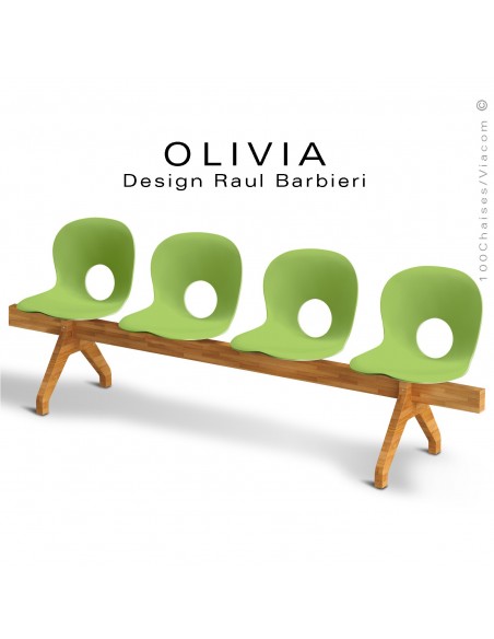 Banc design OLIVIA, piétement bois, assise 4 places coque plastique couleur vert pâle.