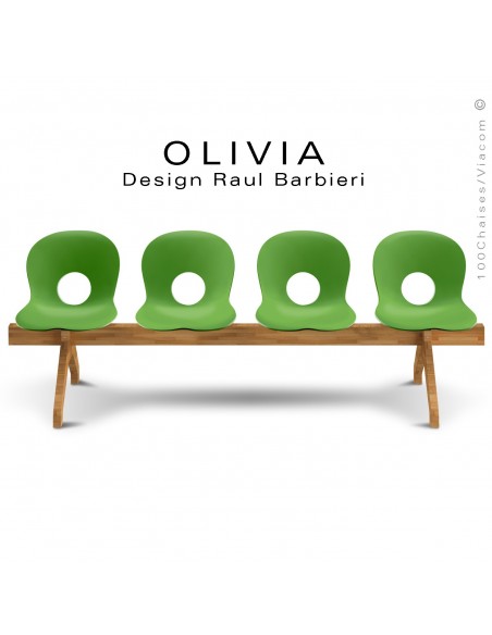 Banc design OLIVIA, piétement bois, assise 4 places coque plastique couleur vert.