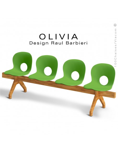 Banc design OLIVIA, piétement bois, assise 4 places coque plastique couleur vert.