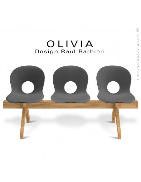 Banc design OLIVIA, piétement bois, assise 3 places coque plastique couleur anthracite.