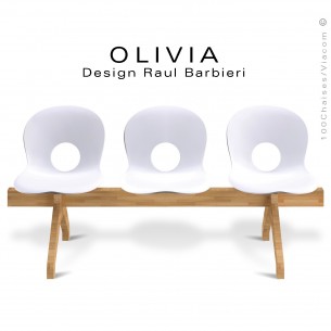 Banc design OLIVIA, piétement bois, assise 3 places coque plastique couleur blanche.