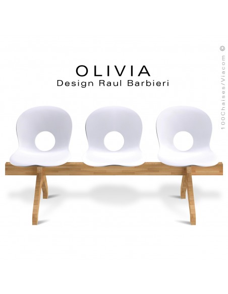 Banc design OLIVIA, piétement bois, assise 3 places coque plastique couleur blanche.