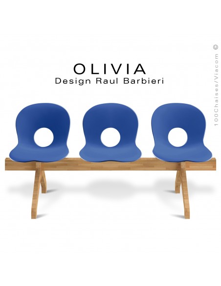 Banc design OLIVIA, piétement bois, assise 3 places coque plastique couleur bleu.
