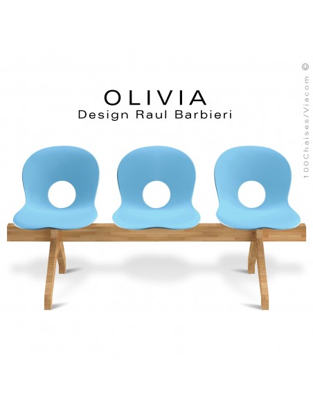 Banc design OLIVIA, piétement bois, assise 3 places coque plastique couleur bleu clair.
