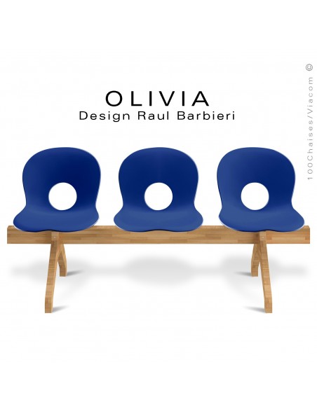 Banc design OLIVIA, piétement bois, assise 3 places coque plastique couleur bleu foncé.