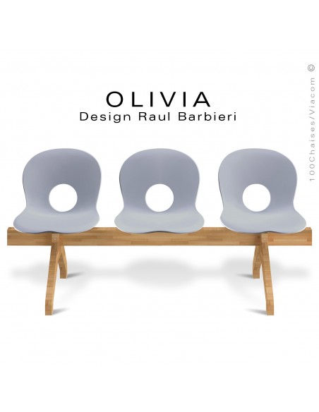 Banc design OLIVIA, piétement bois, assise 3 places coque plastique couleur gris.