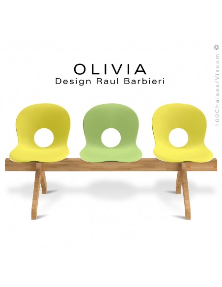 Banc design OLIVIA, piétement bois, assise 3 places coque plastique couleurs jaune pâle et vert pâle.
