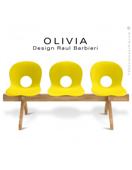 Banc design OLIVIA, piétement bois, assise 3 places coque plastique couleurs jaune.