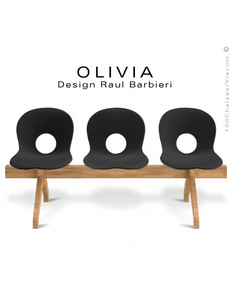 Banc design OLIVIA, piétement bois, assise 3 places coque plastique couleur noir.