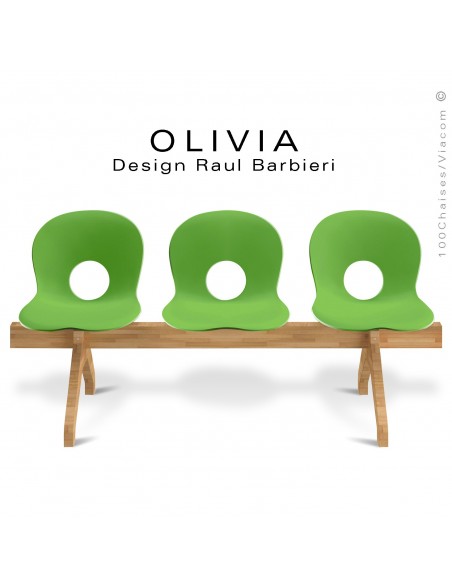 Banc design OLIVIA, piétement bois, assise 3 places coque plastique couleur verte.