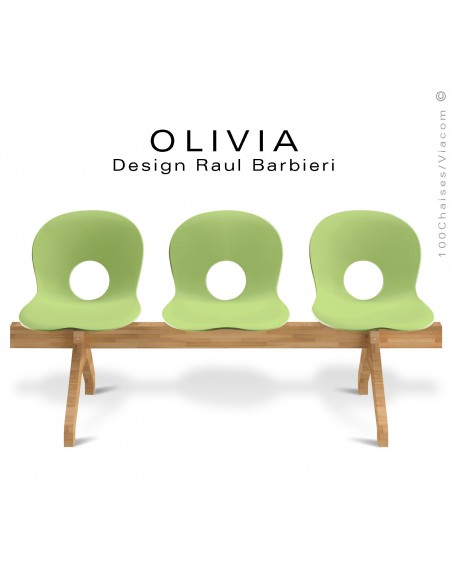Banc design OLIVIA, piétement bois, assise 3 places coque plastique couleur verte pâle.