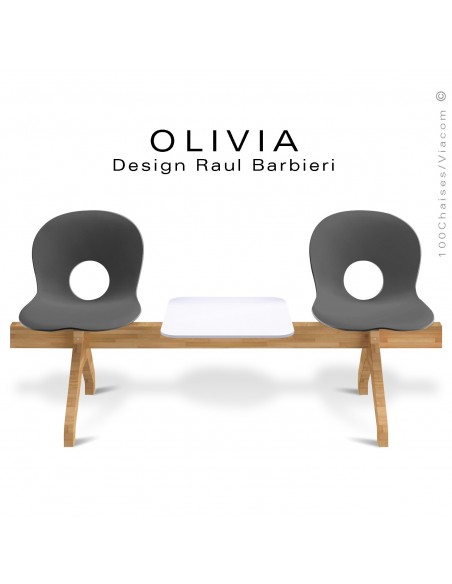 Banc design OLIVIA, piétement bois, assise 2 places coque plastique couleur anthracite avec tablette blanche.