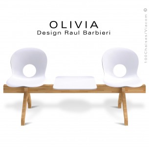 Banc design OLIVIA, piétement bois, assise 2 places coque plastique couleur blanche avec tablette blanche.