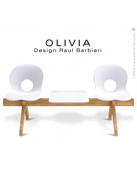 Banc design OLIVIA, piétement bois, assise 2 places coque plastique couleur blanche avec tablette blanche.