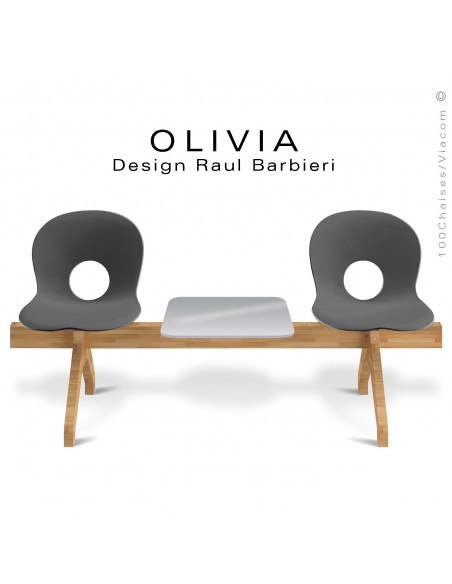 Banc design OLIVIA, piétement bois, assise 2 places coque plastique couleur anthracite avec tablette grise.