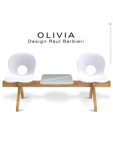 Banc design OLIVIA, piétement bois, assise 2 places coque plastique couleur blanche avec tablette grise.