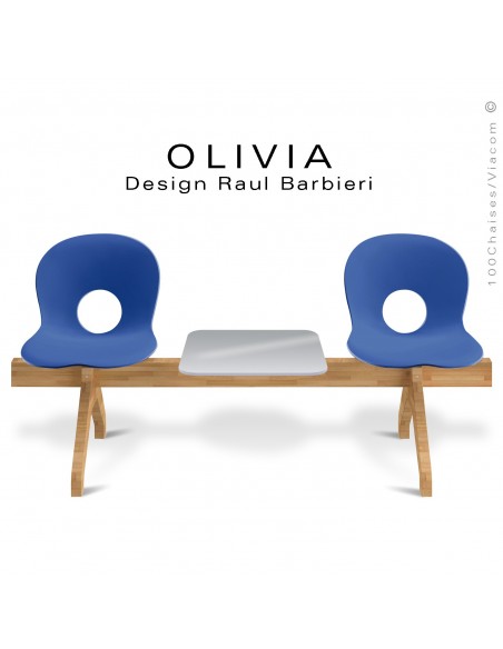 Banc design OLIVIA, piétement bois, assise 2 places coque plastique couleur bleu avec tablette grise.