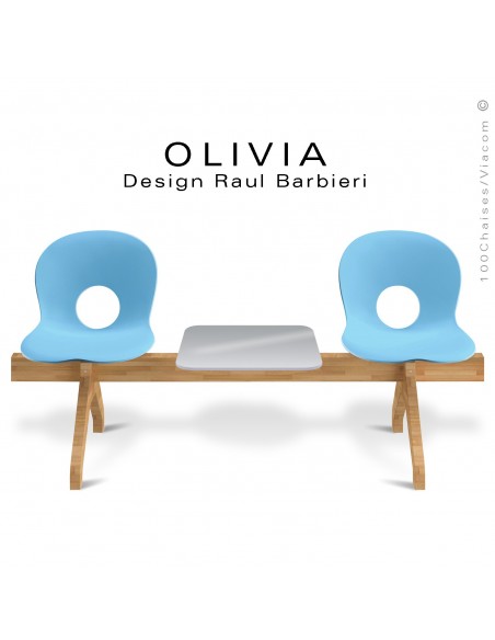 Banc design OLIVIA, piétement bois, assise 2 places coque plastique couleur bleu clair avec tablette grise.