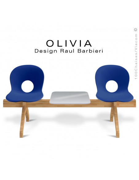 Banc design OLIVIA, piétement bois, assise 2 places coque plastique couleur bleu foncé avec tablette grise.