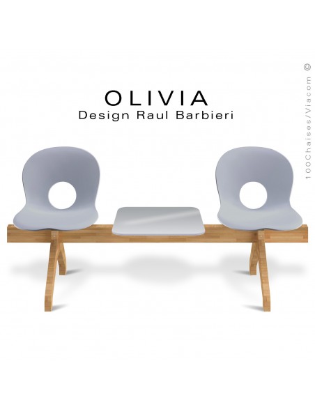 Banc design OLIVIA, piétement bois, assise 2 places coque plastique couleur grise avec tablette grise.
