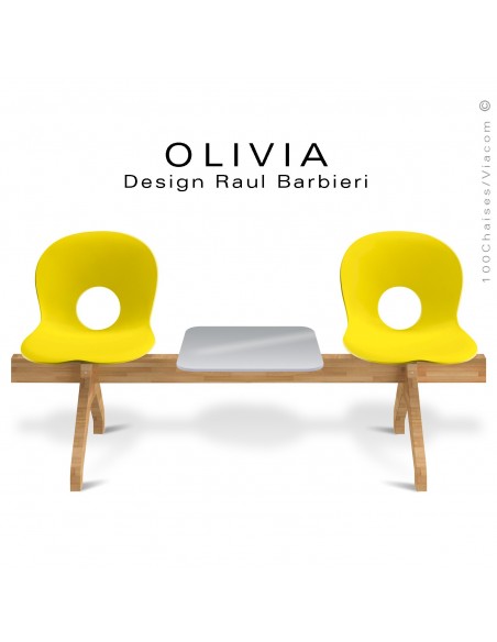 Banc design OLIVIA, piétement bois, assise 2 places coque plastique couleur jaune avec tablette grise.