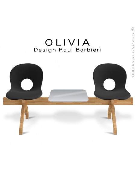 Banc design OLIVIA, piétement bois, assise 2 places coque plastique couleur noir avec tablette grise.