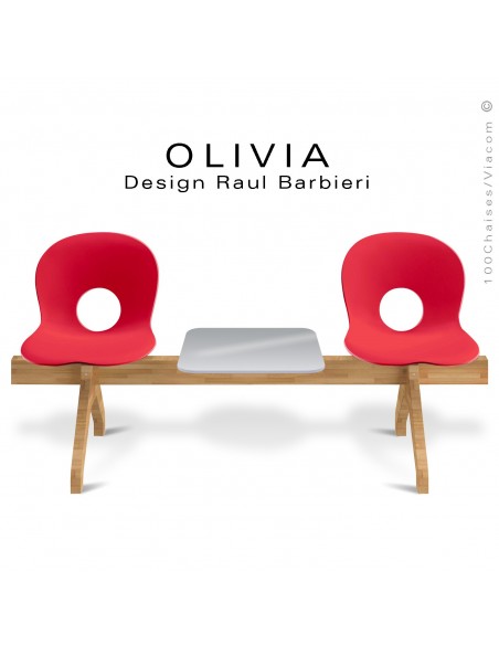 Banc design OLIVIA, piétement bois, assise 2 places coque plastique couleur rouge avec tablette grise.