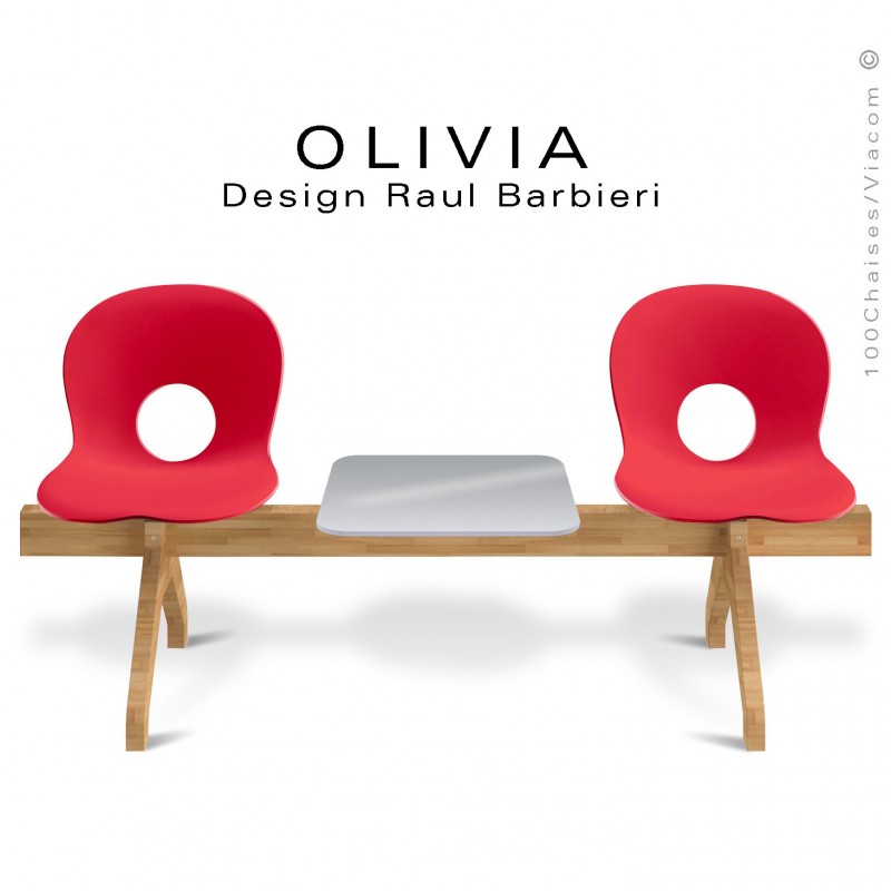 Banc design OLIVIA, piétement bois, assise 2 places coque plastique couleur rouge avec tablette grise.