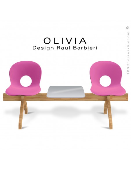 Banc design OLIVIA, piétement bois, assise 2 places coque plastique couleur rose avec tablette grise.