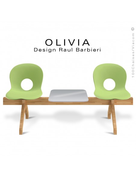 Banc design OLIVIA, piétement bois, assise 2 places coque plastique couleur vert pâle avec tablette grise.