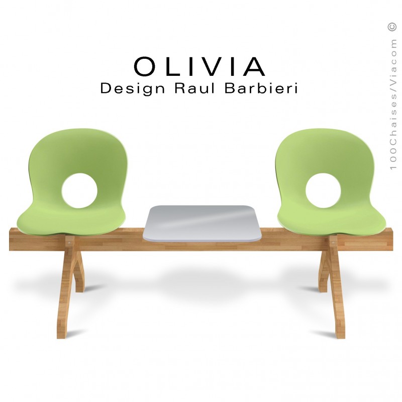 Banc design OLIVIA, piétement bois, assise 2 places coque plastique couleur vert pâle avec tablette grise.