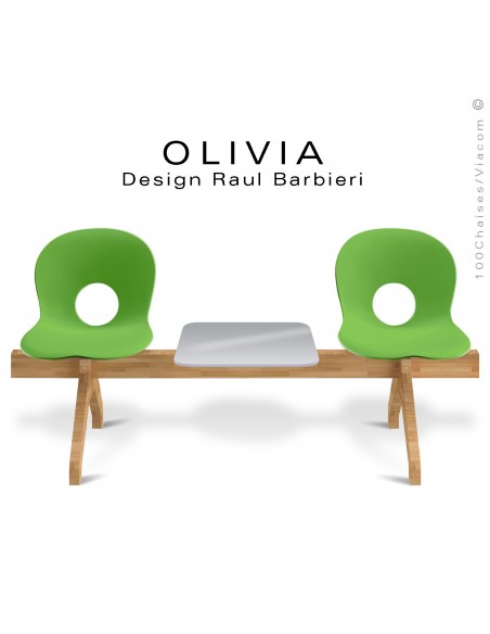 Banc design OLIVIA, piétement bois, assise 2 places coque plastique couleur vert avec tablette grise.