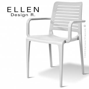 Fauteuil design ELLEN, structure et piétement plastique de couleur blanc, empilable, pour extérieur.