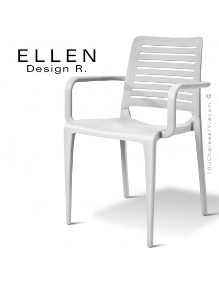 Fauteuil design ELLEN, structure et piétement plastique de couleur blanc, empilable, pour extérieur.