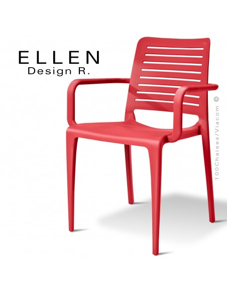 Fauteuil design ELLEN, structure et piétement plastique de couleur rouge, empilable, pour extérieur.