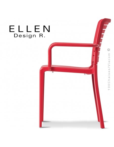 Fauteuil design ELLEN, structure et piétement plastique de couleur rouge, empilable, pour extérieur.