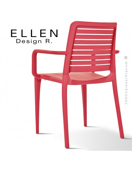 Fauteuil design ELLEN, structure et piétement plastique de couleur rouge, empilable, pour extérieur.