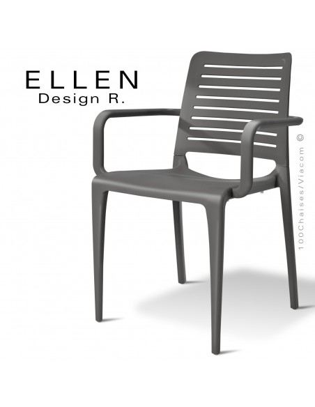 Fauteuil design ELLEN, structure et piétement plastique de couleur anthracite, empilable, pour extérieur.