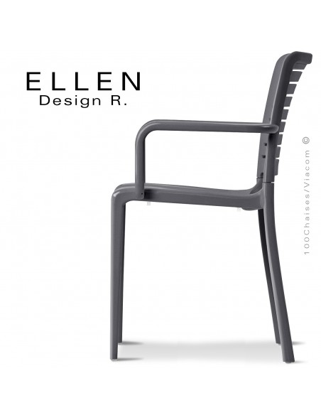 Fauteuil design ELLEN, structure et piétement plastique de couleur anthracite, empilable, pour extérieur.