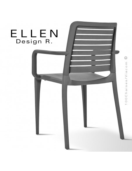 Fauteuil design ELLEN, structure et piétement plastique de couleur anthracite, empilable, pour extérieur.