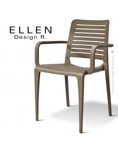 Fauteuil design ELLEN, structure et piétement plastique de couleur taupe, empilable, pour extérieur.