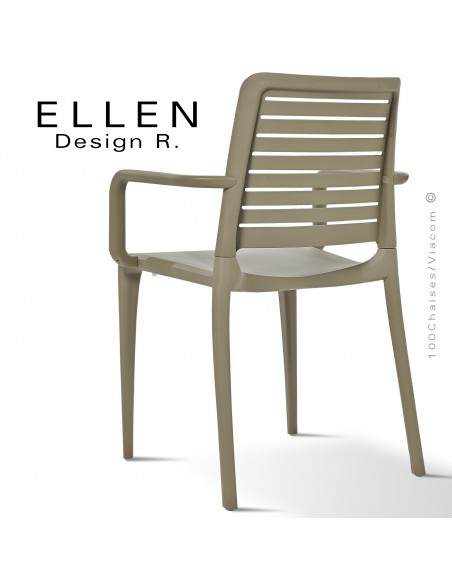 Fauteuil design ELLEN, structure et piétement plastique de couleur taupe, empilable, pour extérieur.