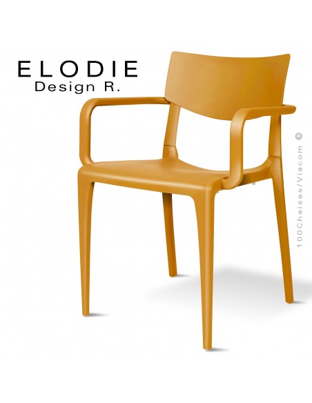 Fauteuil design ELODIE, structure et piétement plastique couleur moutarde, pour extérieur.