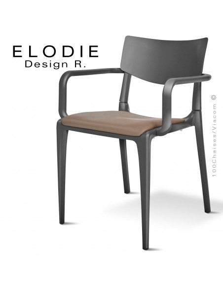 Fauteuil design ELODIE, structure et piétement plastique couleur anthracite, avec coussin d'assise couleur taupe.
